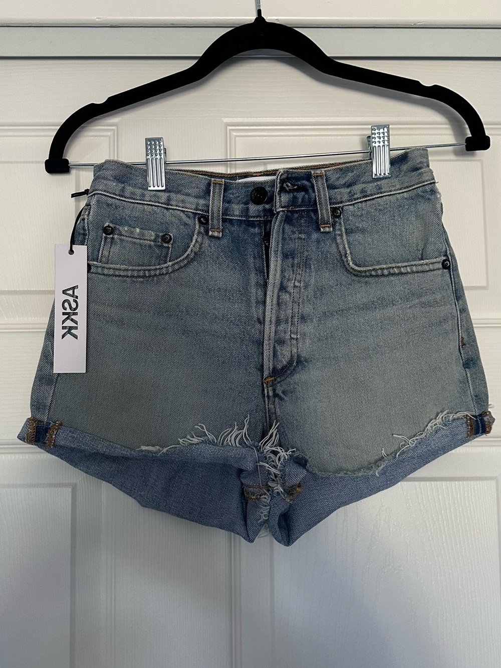 ASKK NY Light Blue High-Rise Distressed Denim Shorts
